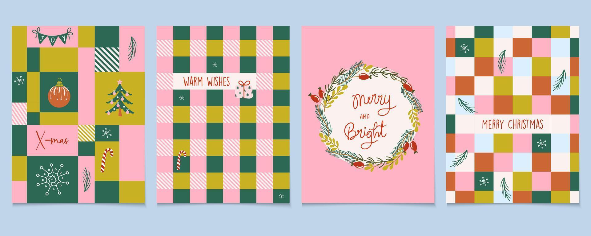 Happy holidays greeting cards. Geometric Christmas backgrounds. Set of cute colorful Winter festive prints. Flat design minimalistic illustrations. vector
