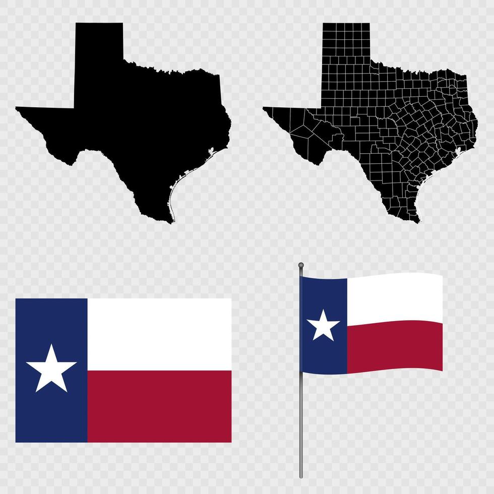 Set of map and map with province, flag and flagpole of Texas state. illustration. vector
