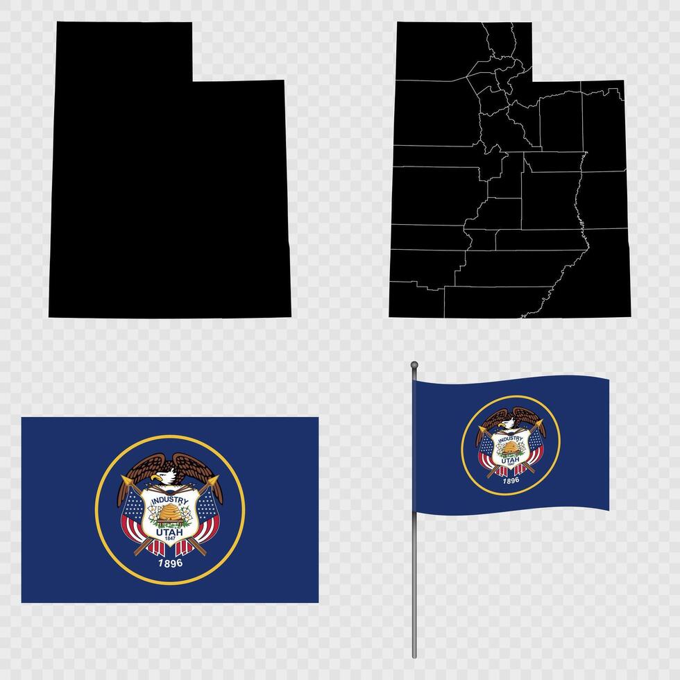 Set of map and map with province, flag and flagpole of Utah state. illustration. vector