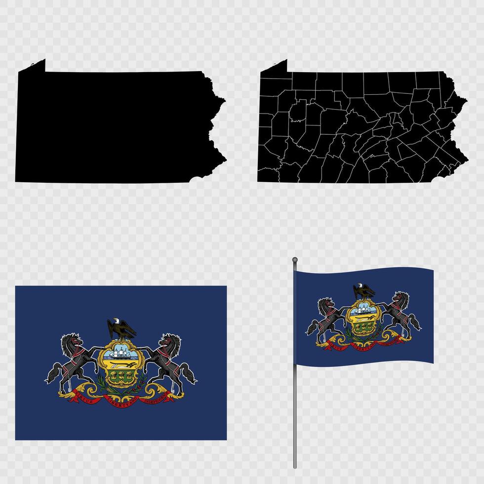 Set of map and map with province, flag and flagpole of Pennsylvania state. illustration. vector