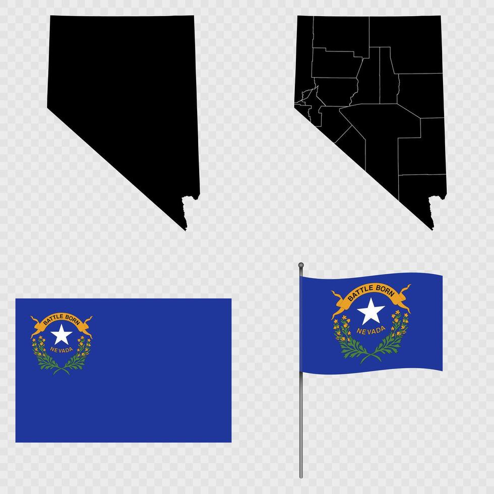 Set of map and map with province, flag and flagpole of Nevada state. illustration. vector