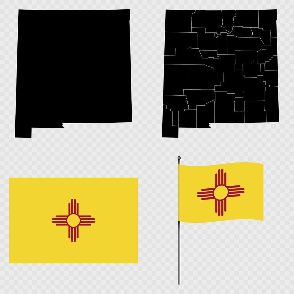 Set of map and map with province, flag and flagpole of New Mexico state. illustration. vector