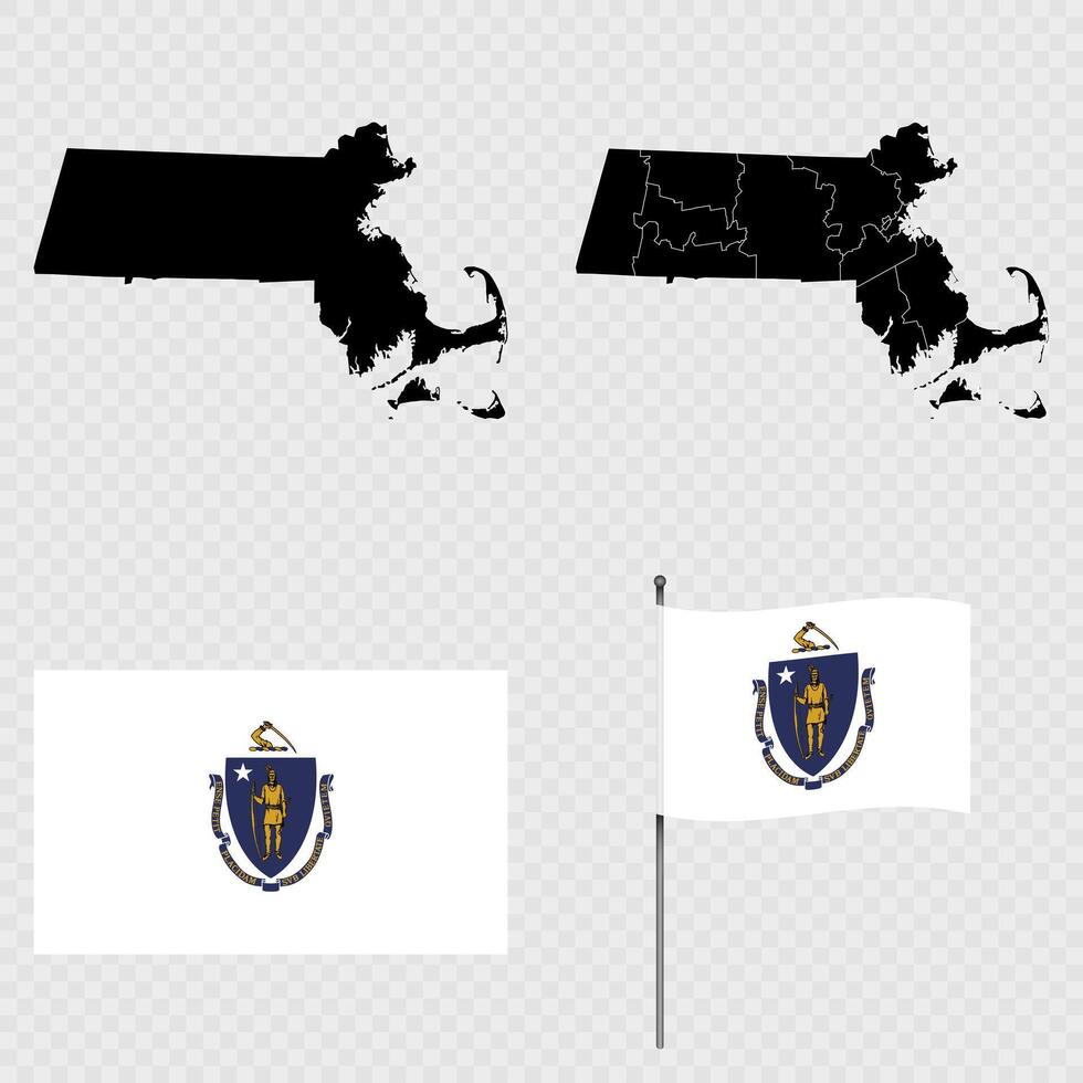 Set of map and map with province, flag and flagpole of Massachusetts state. illustration. vector