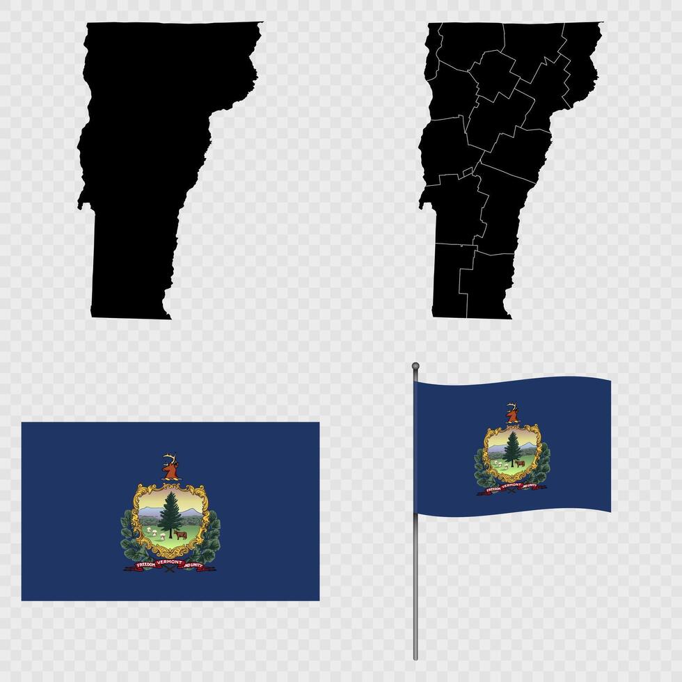 Set of map and map with province, flag and flagpole of Vermont state. illustration. vector