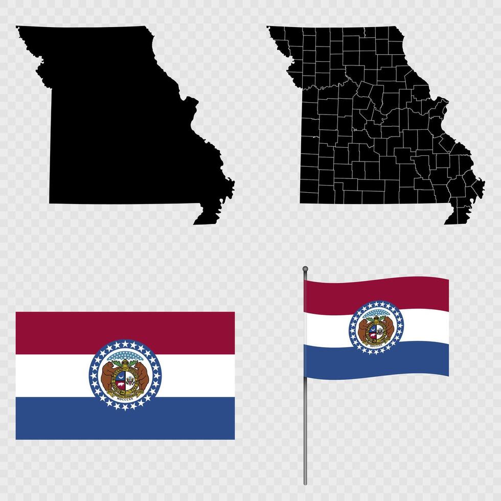 Set of map and map with province, flag and flagpole of Missouri state. illustration. vector