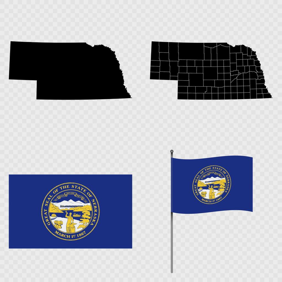 Set of map and map with province, flag and flagpole of Nebraska state. illustration. vector