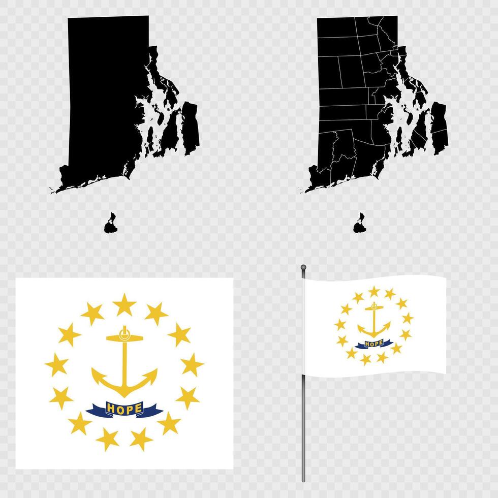 Set of map and map with province, flag and flagpole of Rhode Island state. illustration. vector