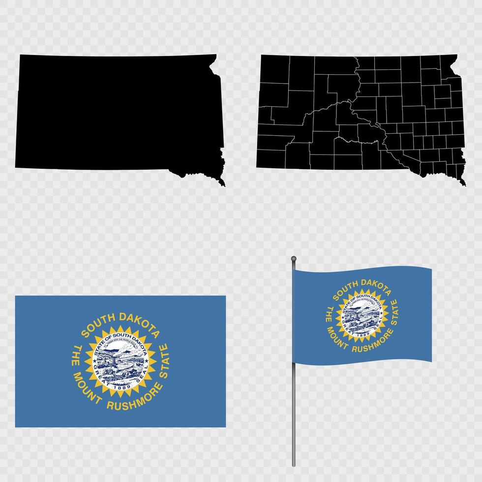 Set of map and map with province, flag and flagpole of South Dakota state. illustration. vector