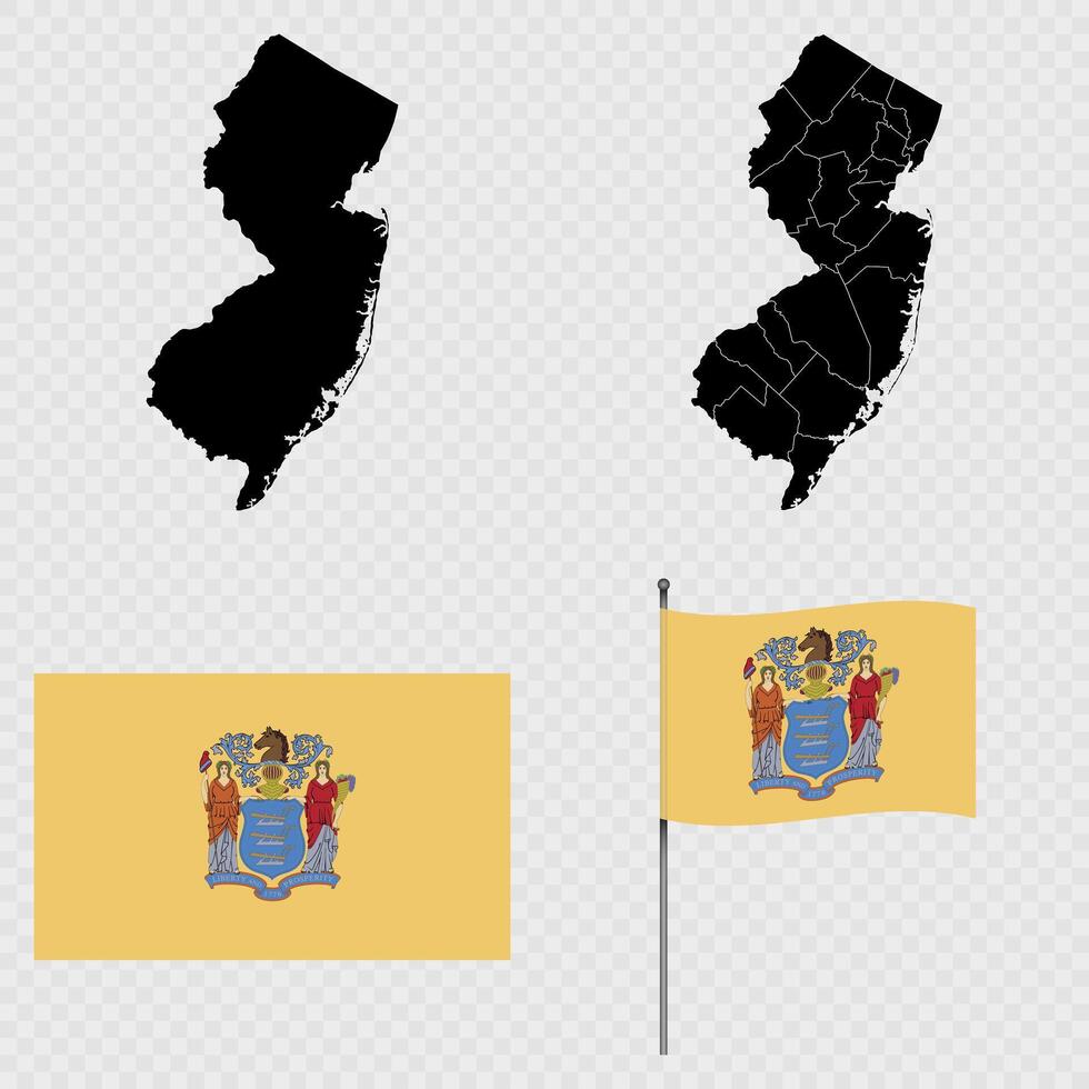 Set of map and map with province, flag and flagpole of New Jersey state. illustration. vector