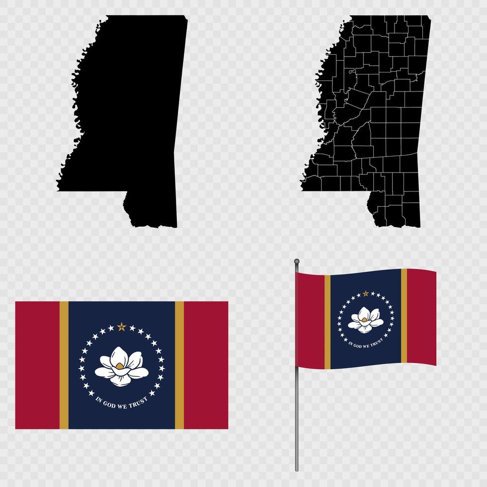 Set of map and map with province, flag and flagpole of Mississippi state. illustration. vector