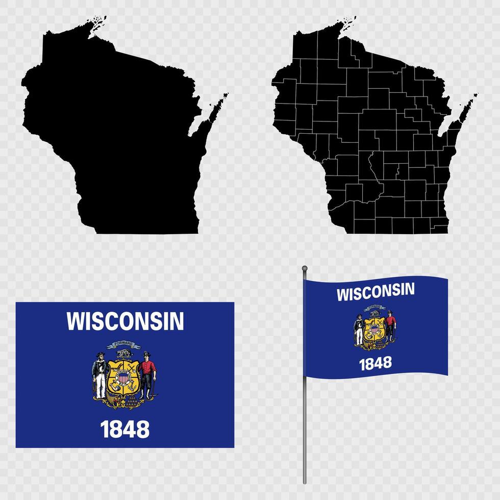 Set of map and map with province, flag and flagpole of Wisconsin state. illustration. vector