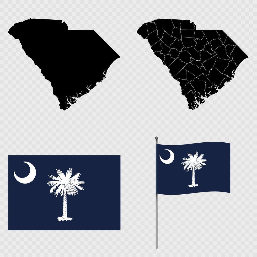 Set of map and map with province, flag and flagpole of South Carolina state. illustration. vector