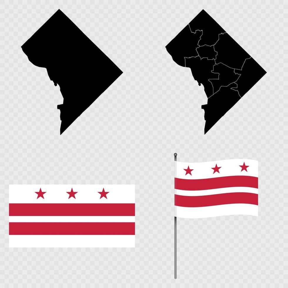 Set of map and map with province, flag and flagpole of Washington DC. illustration. vector
