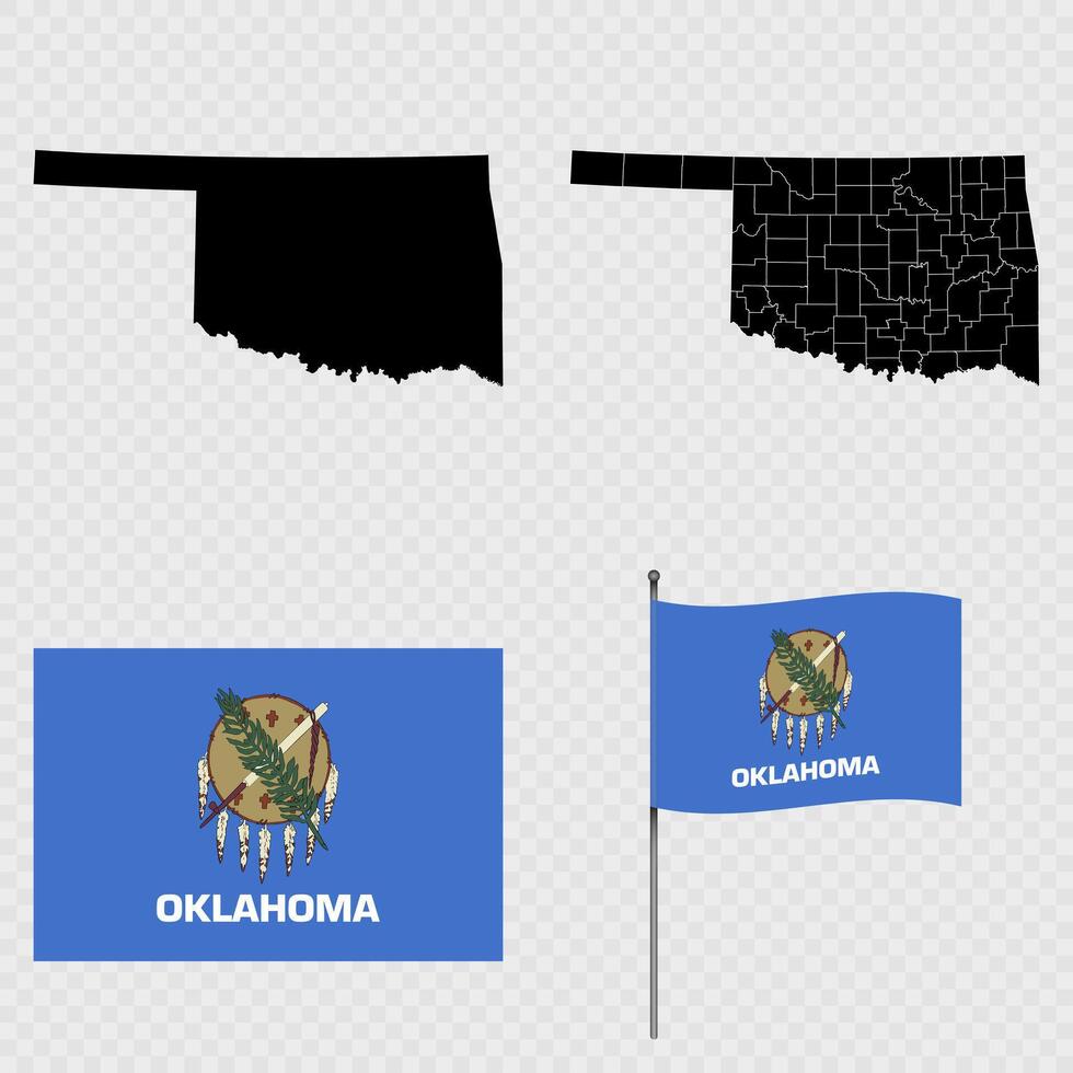 Set of map and map with province, flag and flagpole of Oklahoma state. illustration. vector