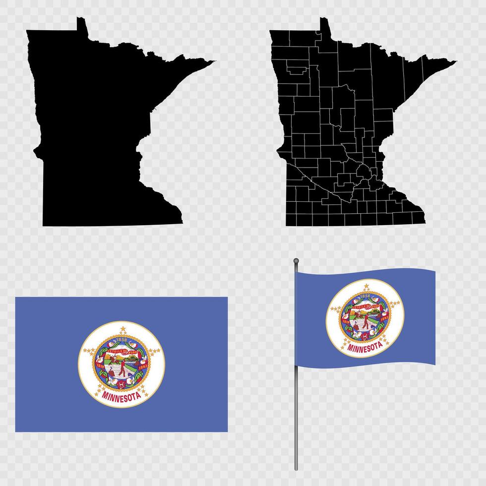 Set of map and map with province, flag and flagpole of Minnesota state. illustration. vector