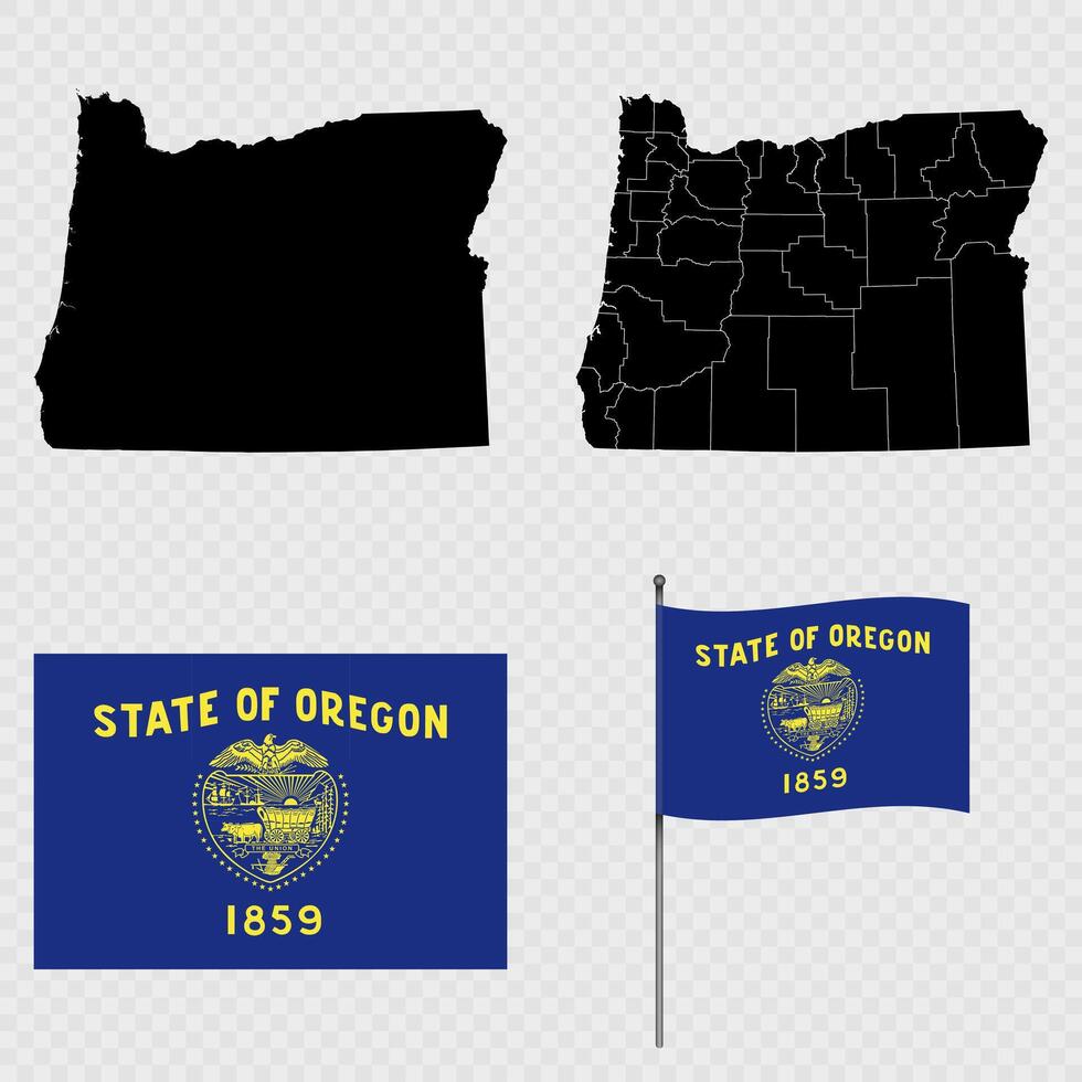 Set of map and map with province, flag and flagpole of Oregon state. illustration. vector