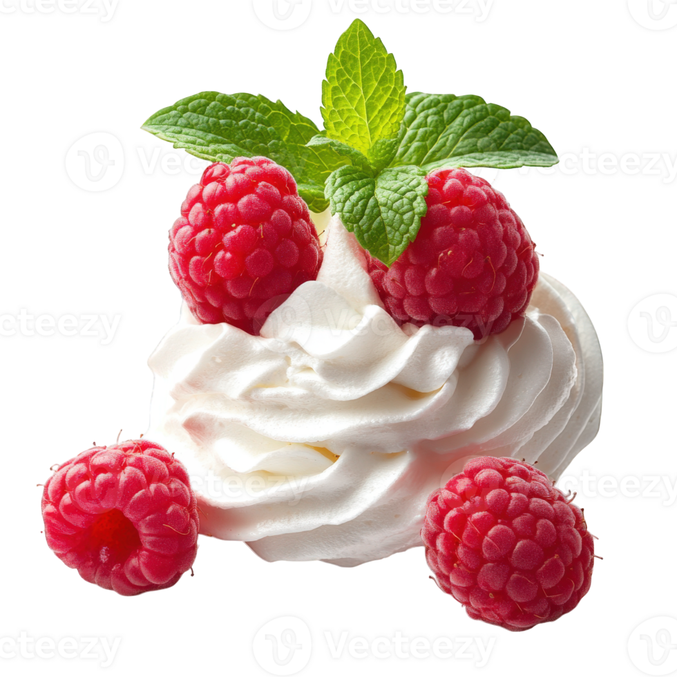 Raspberries and Whipped Cream with Mint Garnish png