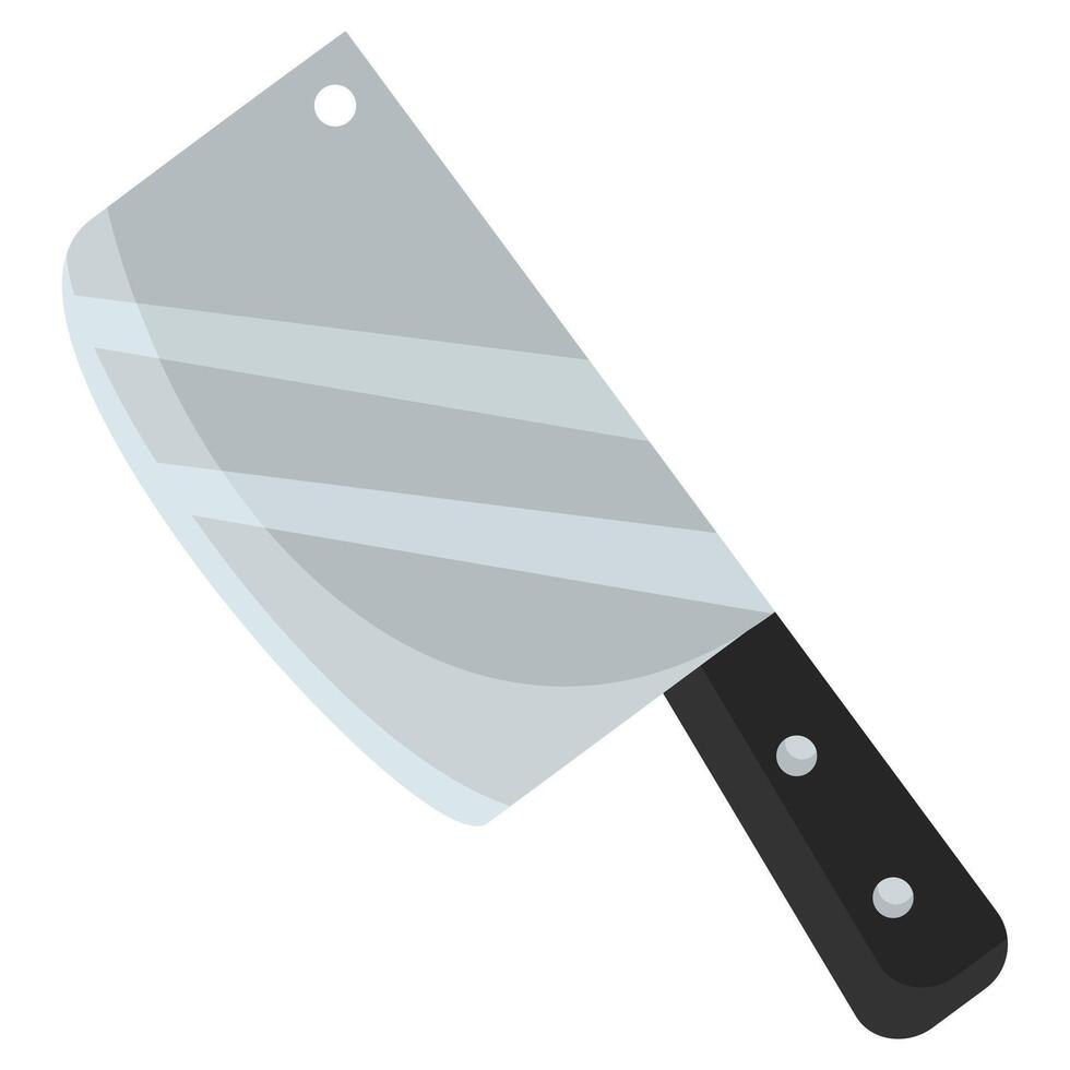 illustration of a meat cleaver with a large, rectangular silver blade and a black handle with two silver rivets. The blade has a hole near the top corner for hanging. vector