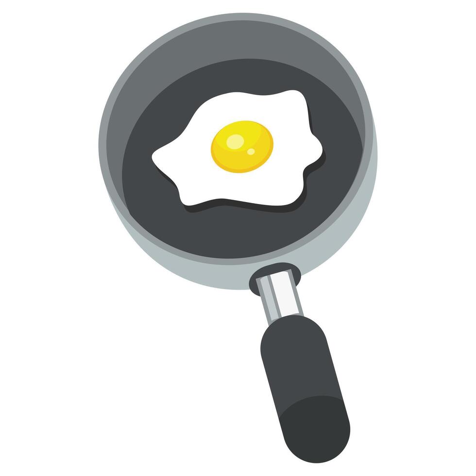 Frying pan with a single fried egg, white part and yellow yolk in the center, black handle. Ideal for breakfast and cooking demos vector