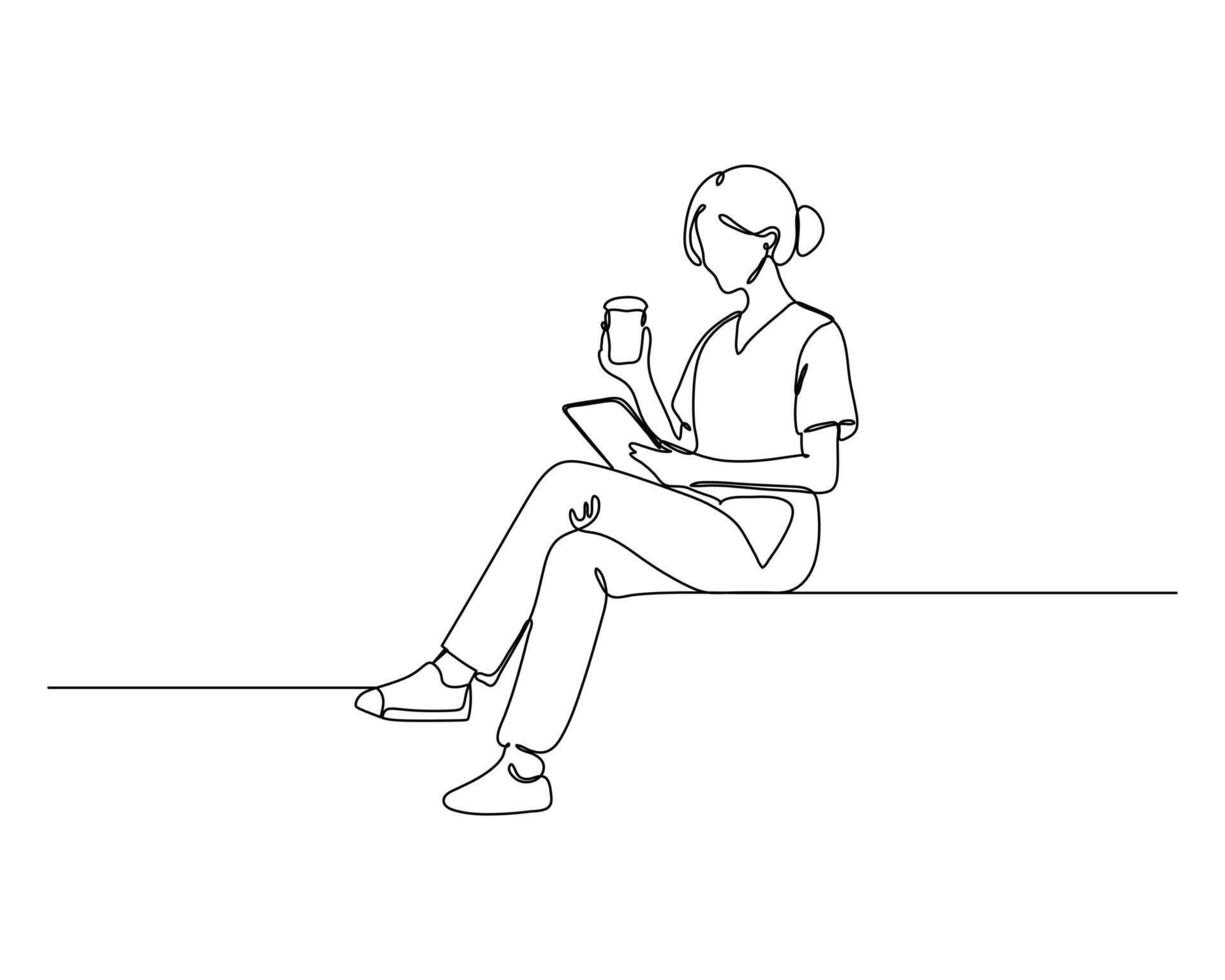 Continuous Line Drawing of a Female Medical Docktor Sitting on a Bench With a Tablet Computer vector