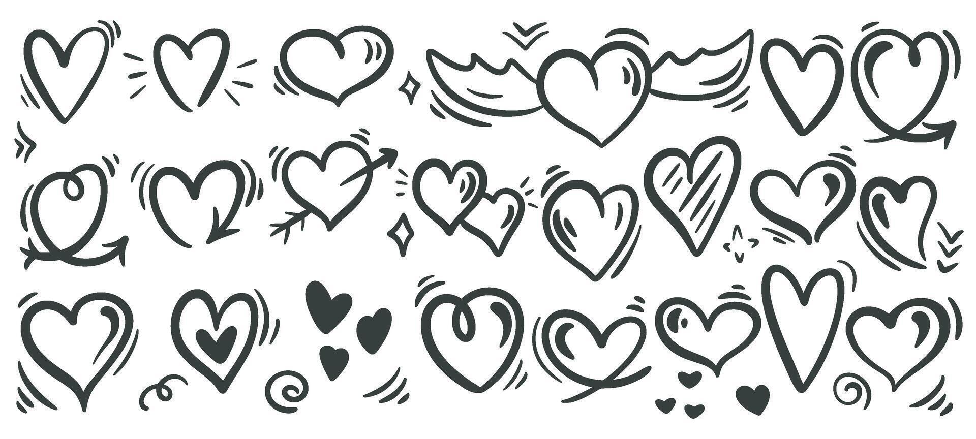 Many different hearts ink doodle set vector