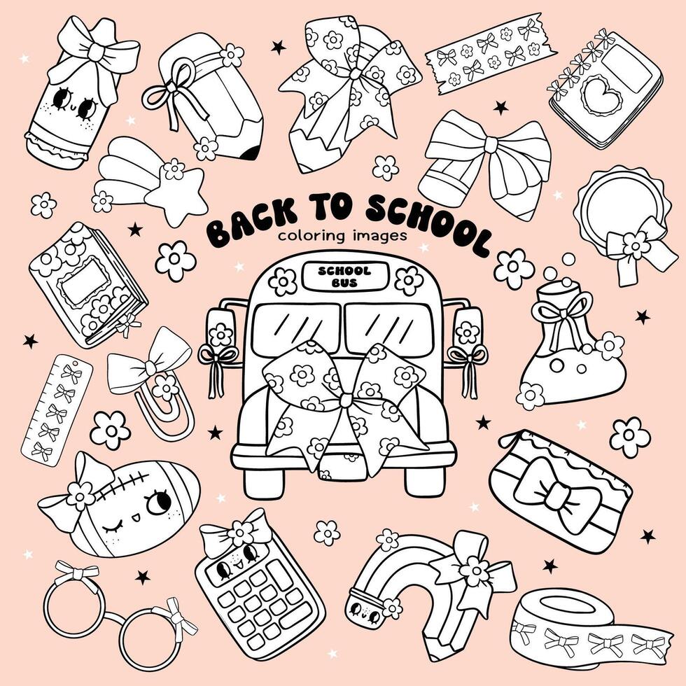 Back to School Coloring Image Clipart Cute Coquette School Supplies with Bow Doodle Hand Drawn set vector