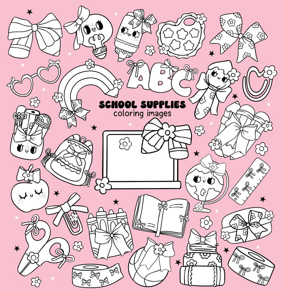 Groovy Back to School Coloring Images Clipart Cute Coquette School Supplies with Bow Doodle Hand Drawn set vector