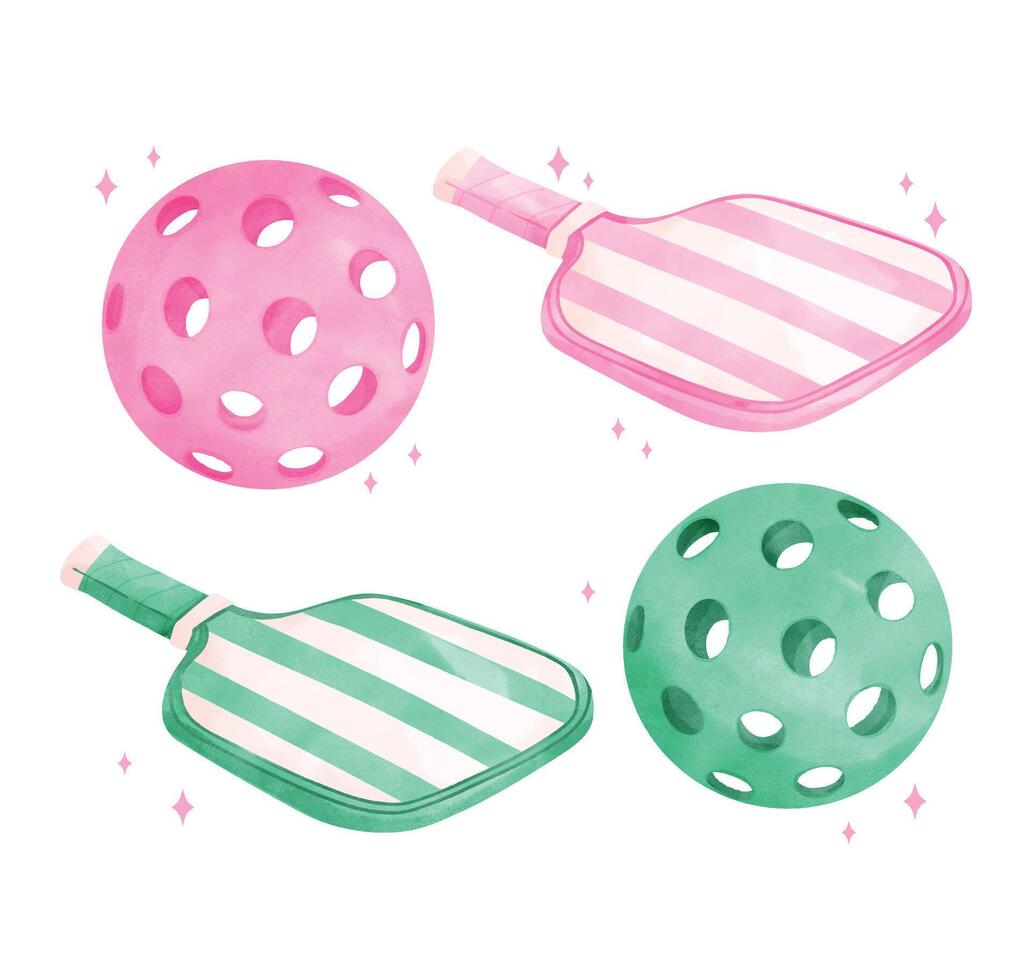 Retro Pickleball paddles and ball Preppy Aesthetic Pastel Watercolor Art in Green and Pink vector