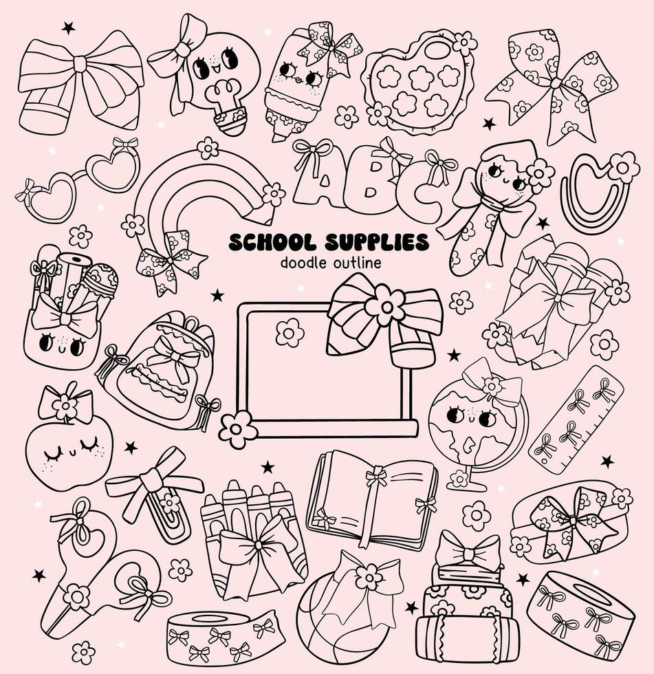Groovy Back to School doodle outline Clipart Cute Coquette School Supplies with Bow bold lined Hand Drawn set vector