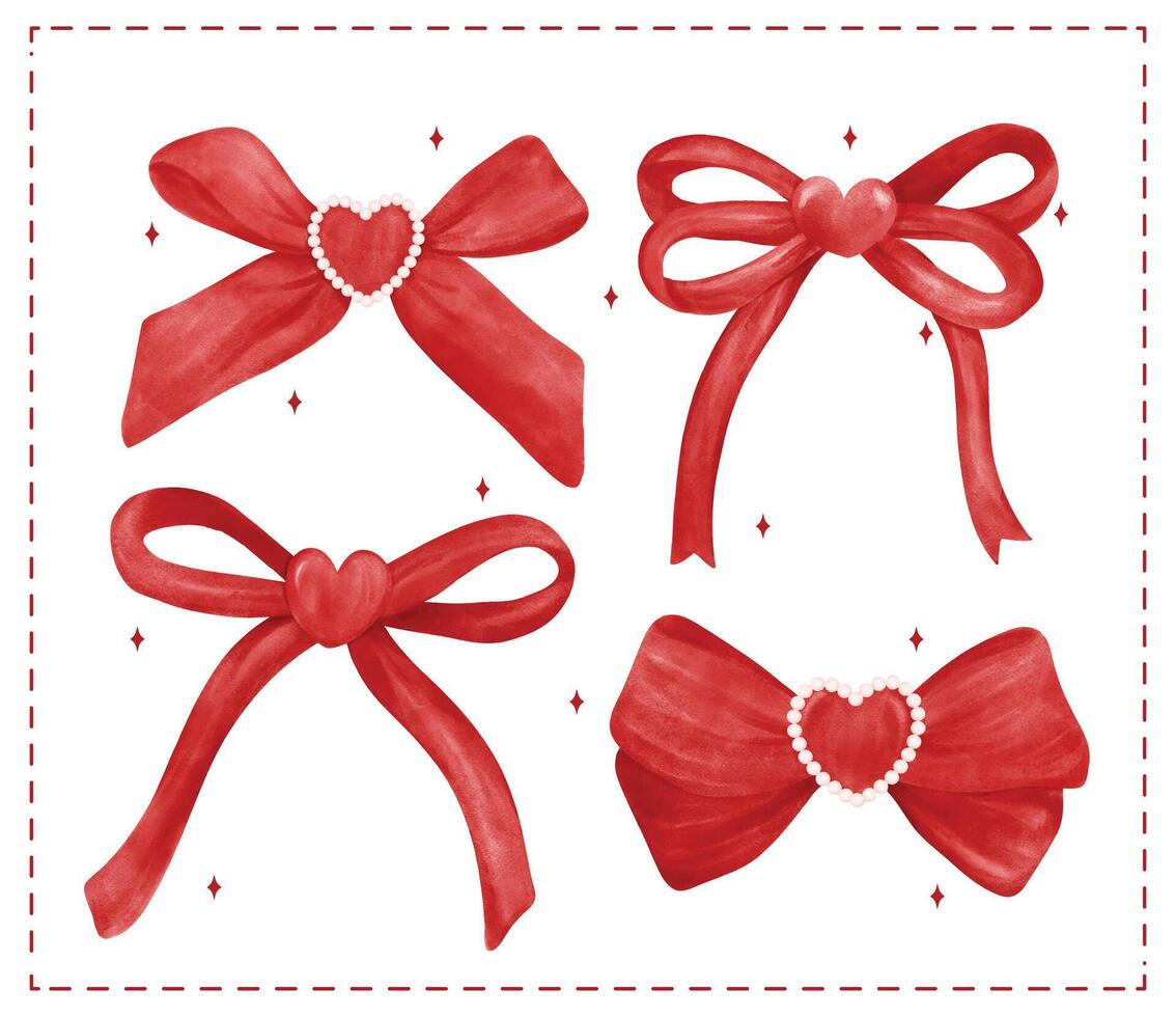 Red Coquette Valentine Bow Heart Knot Watercolor set vector