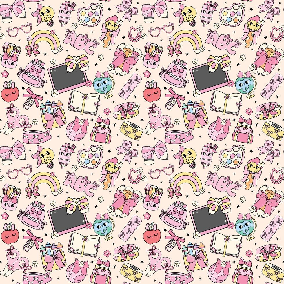 Back to School Seamless Pattern Cute Coquette School Supplies with Bow Design Hand Drawn isolated on background vector