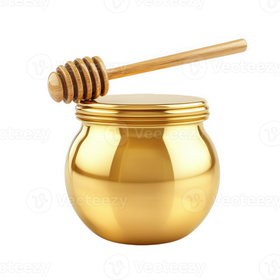 Golden Honey Pot With Wooden Honey Dipper, on transparent background png