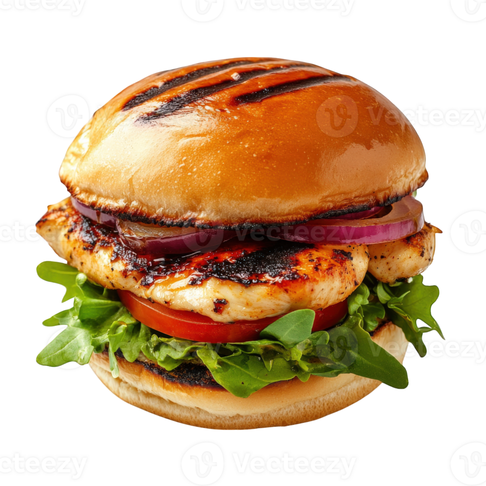 Grilled Chicken Burger with Red Onion and Lettuce, on transparent background png