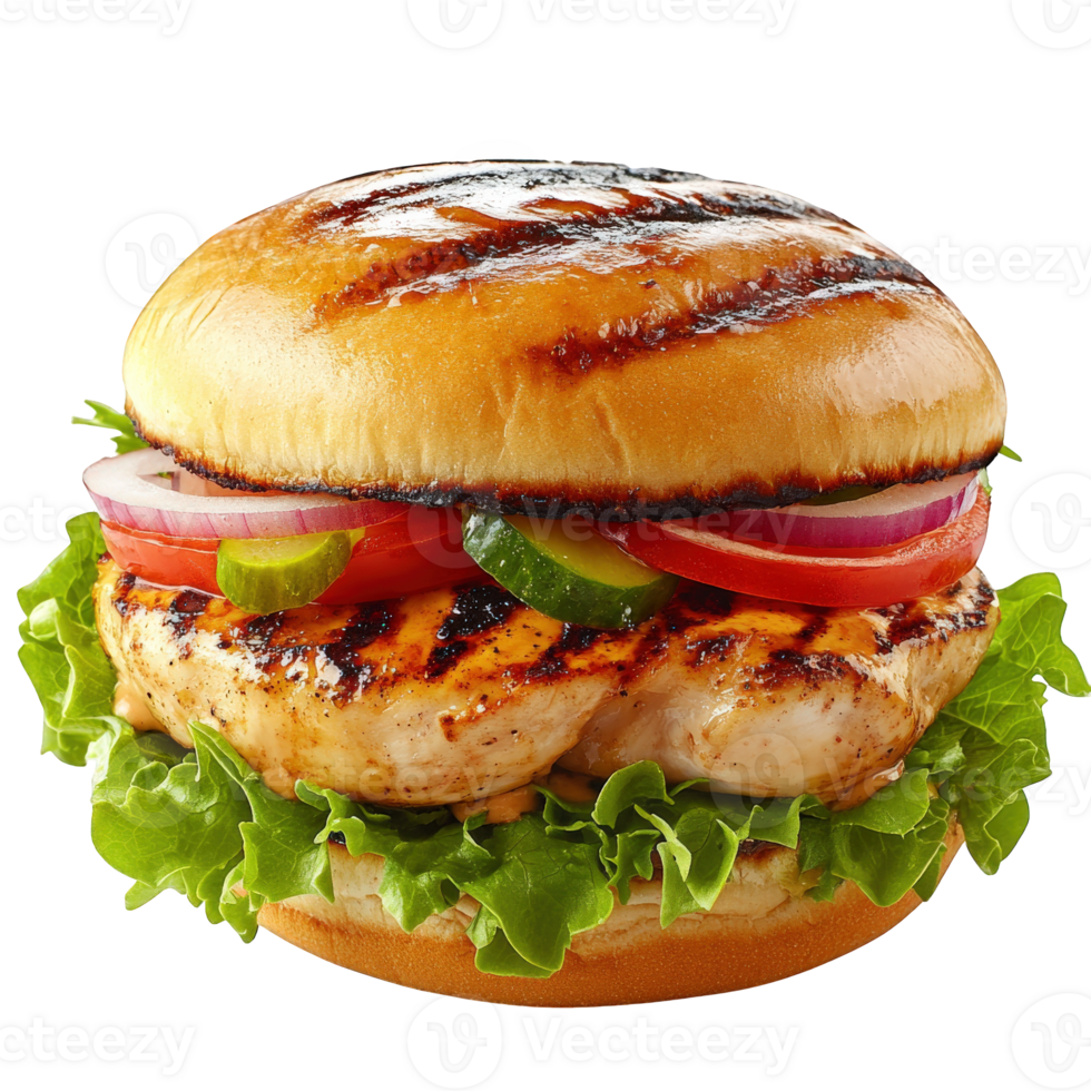 Grilled Chicken Burger With Fresh Vegetables, on transparent background png