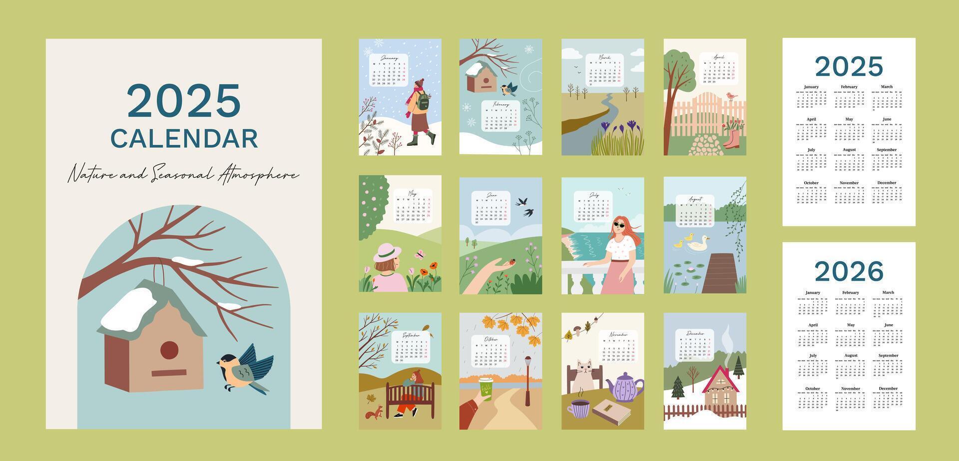 Calendar 2025 with hand drawn illistrations inspired by nature and seasons. Week start from Monday vector