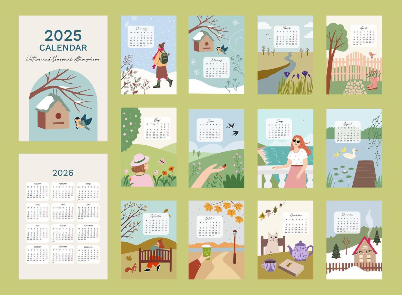 Illustrated Calendar 2025 inspired by nature and seasons. Week start fron Monday. Suitable for A4 A3 A5 size vector