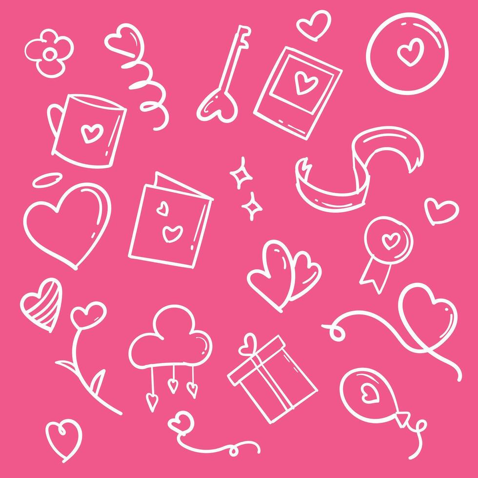 Valentines day doodle set, objects for design, illustration flat vector