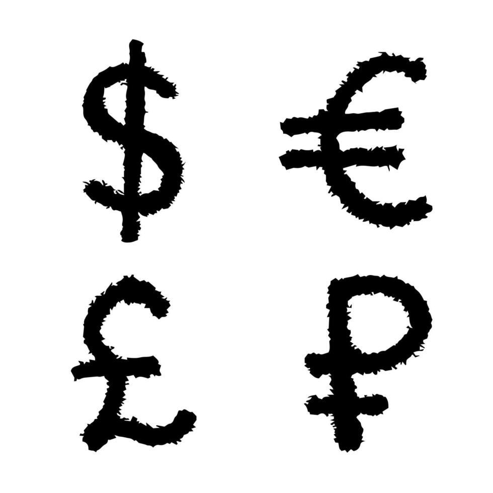 Hand drawn multiple currencies symbol set Dollar euro pound ruble vector