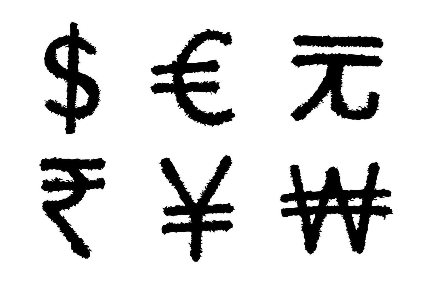 Hand drawn multiple currencies symbol set Dollar euro yuan yen won rupee vector