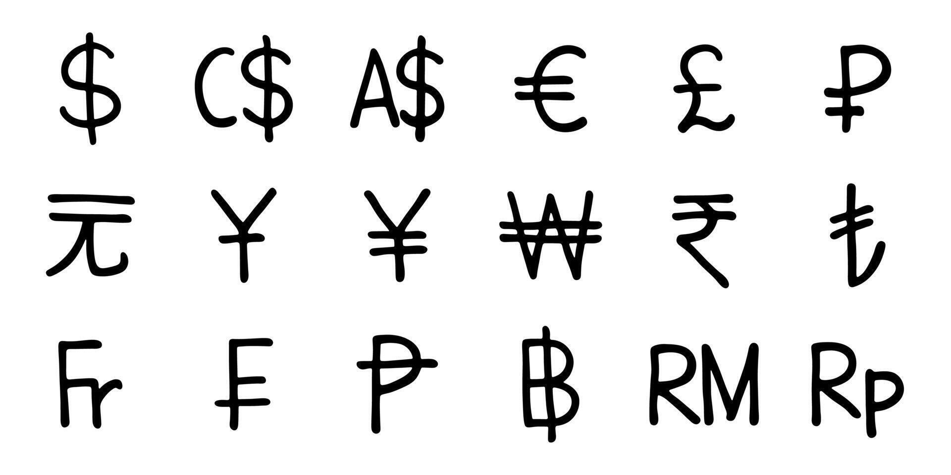Hand drawn currency symbol set Dollar euro pound ruble yuan yen won rupee lira franc peseta baht ringgit rupiah vector