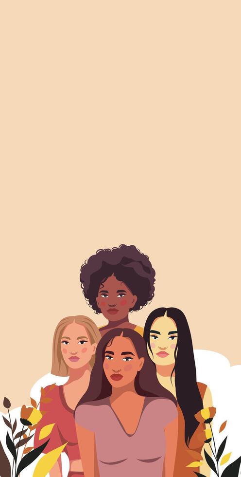 Different women with different skin colors stand together on the background of flowers. greeting card with Women's Day. Place for text for advertisement, website, postcard. Women empowerment vector