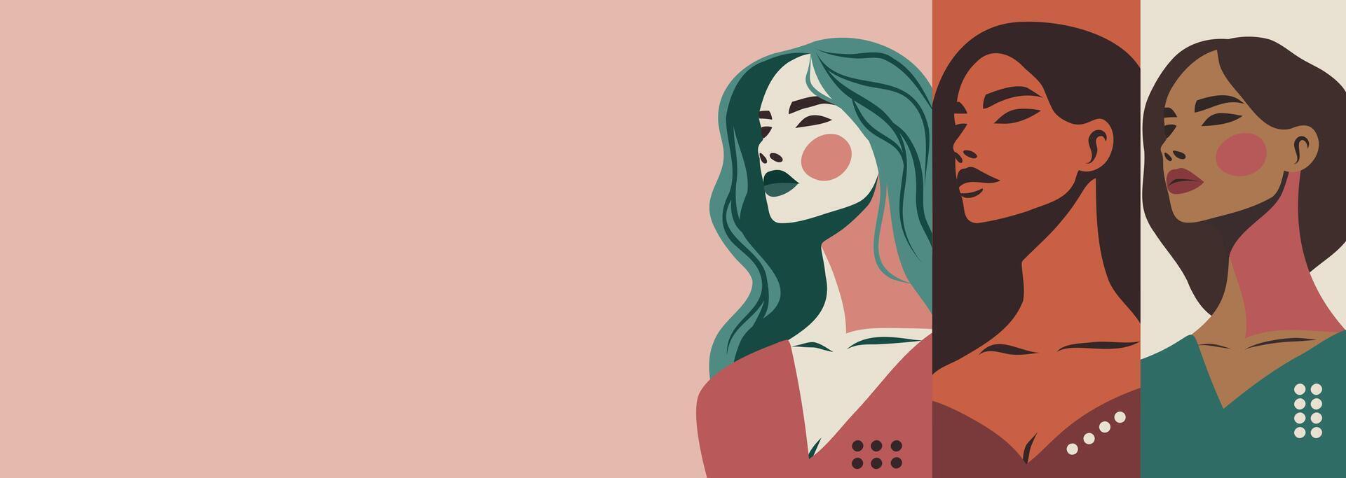 banner with space for text different portraits of women in abstract style. Strong women represent feminism, freedom and equality. Postcard for Women's Day vector