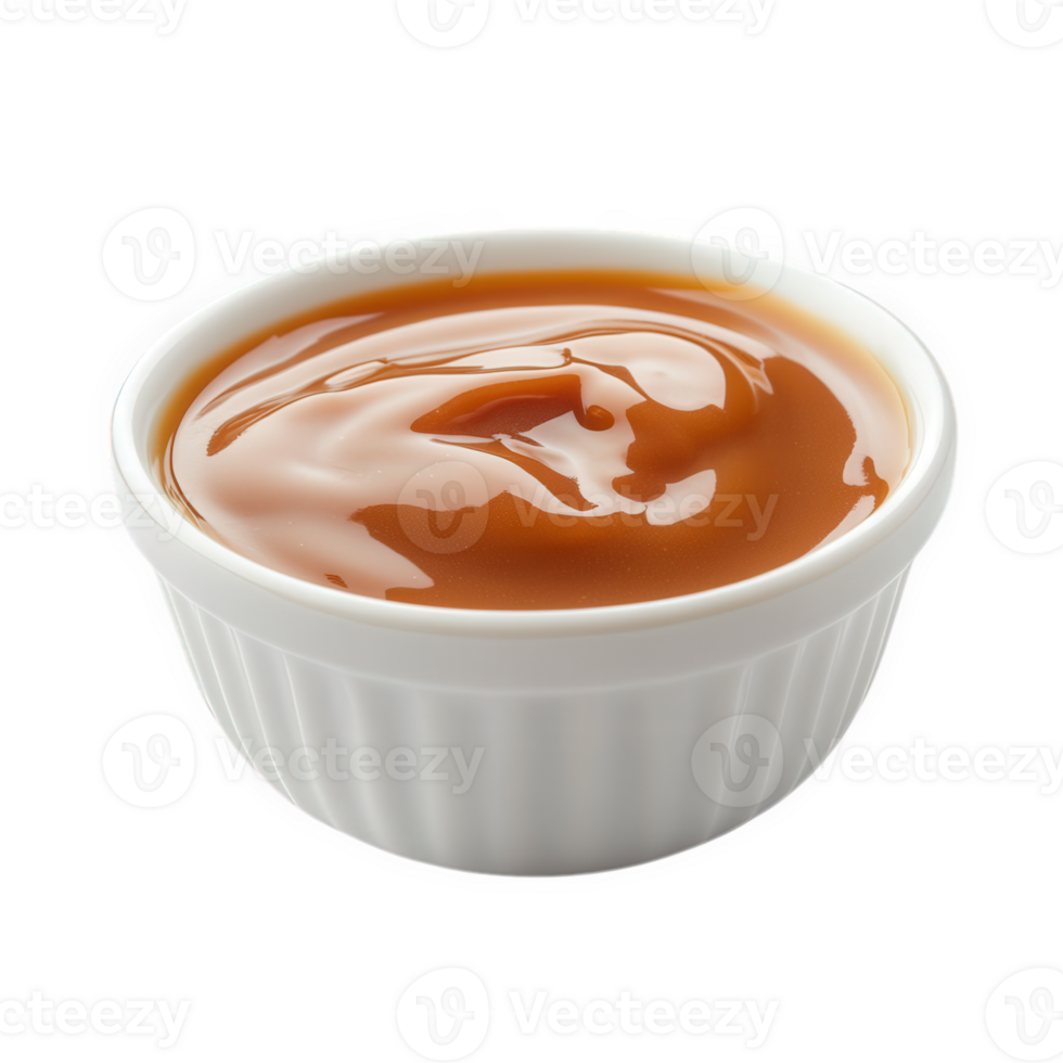 Creamy Caramel Sauce in a Small White Bowl, on transparent background png