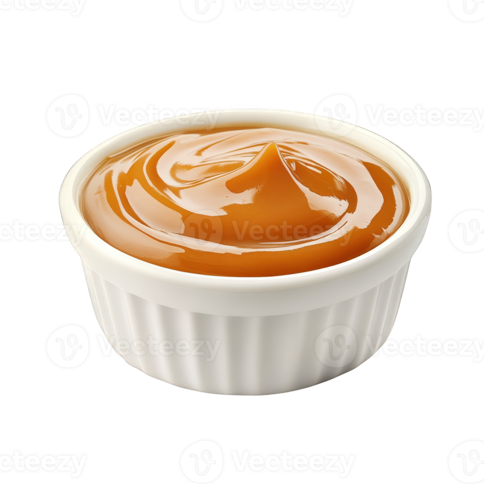 Caramel Sauce in a Small White Bowl, on transparent background png