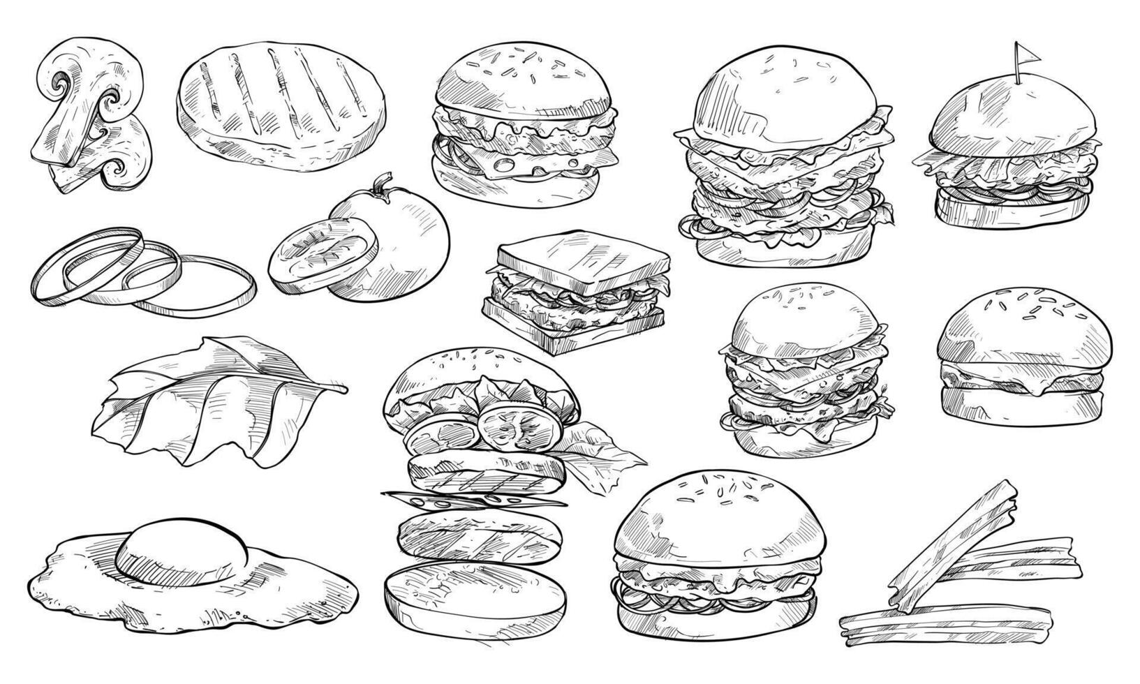 hamburger ingredient handdrawn collection vector