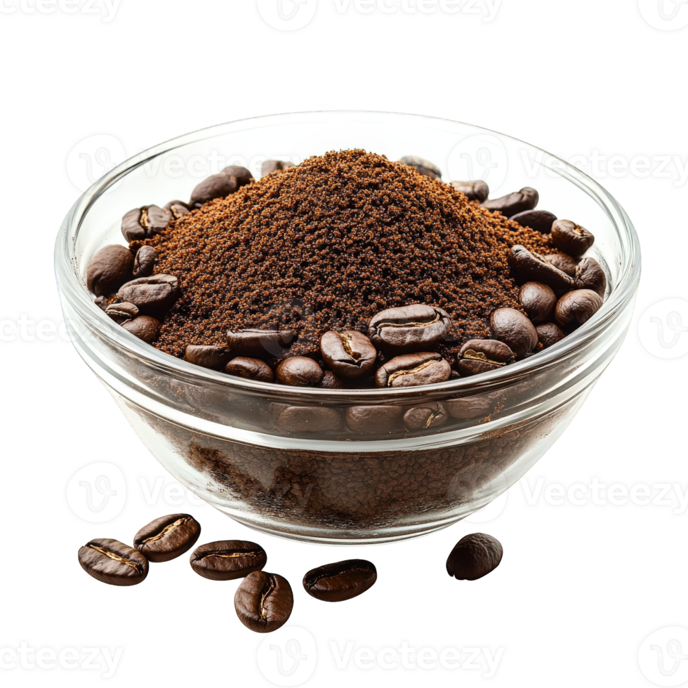 Glass Bowl Filled With Ground Coffee Beans And Coffee, on transparent background png