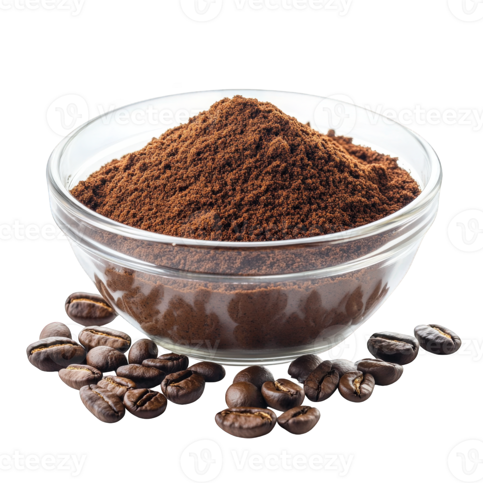Ground Coffee In Glass Bowl With Beans, on transparent background png