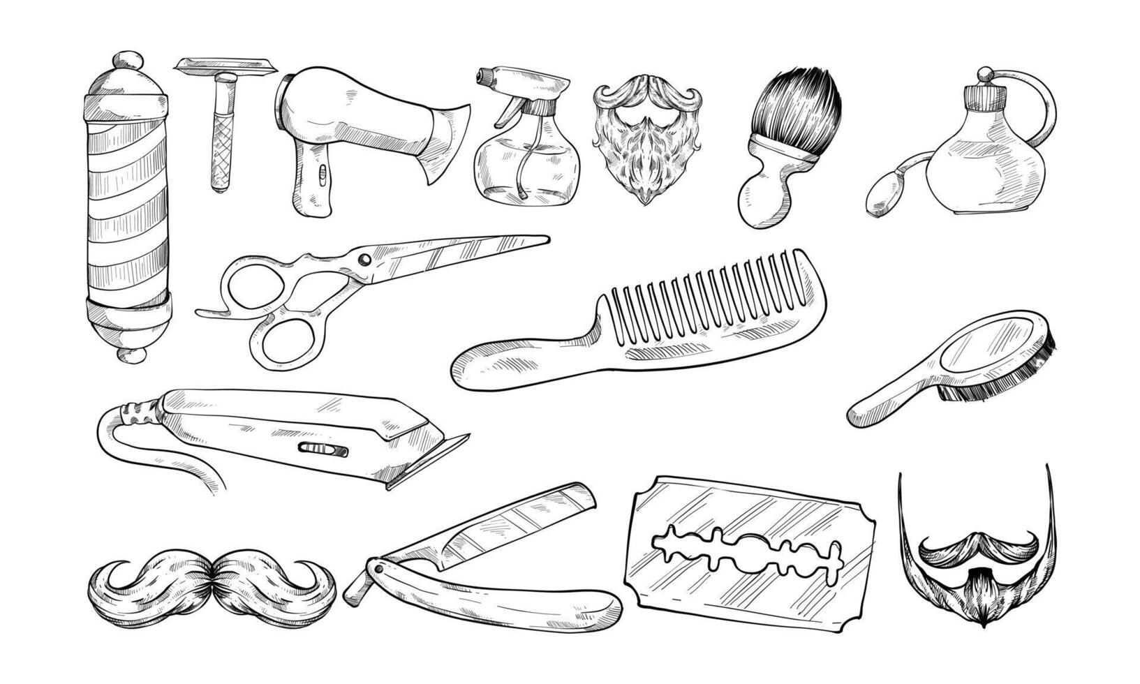 barbershop tools handdrawn collection vector