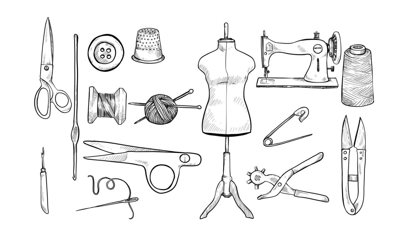 sewing equipment handdrawn collection vector