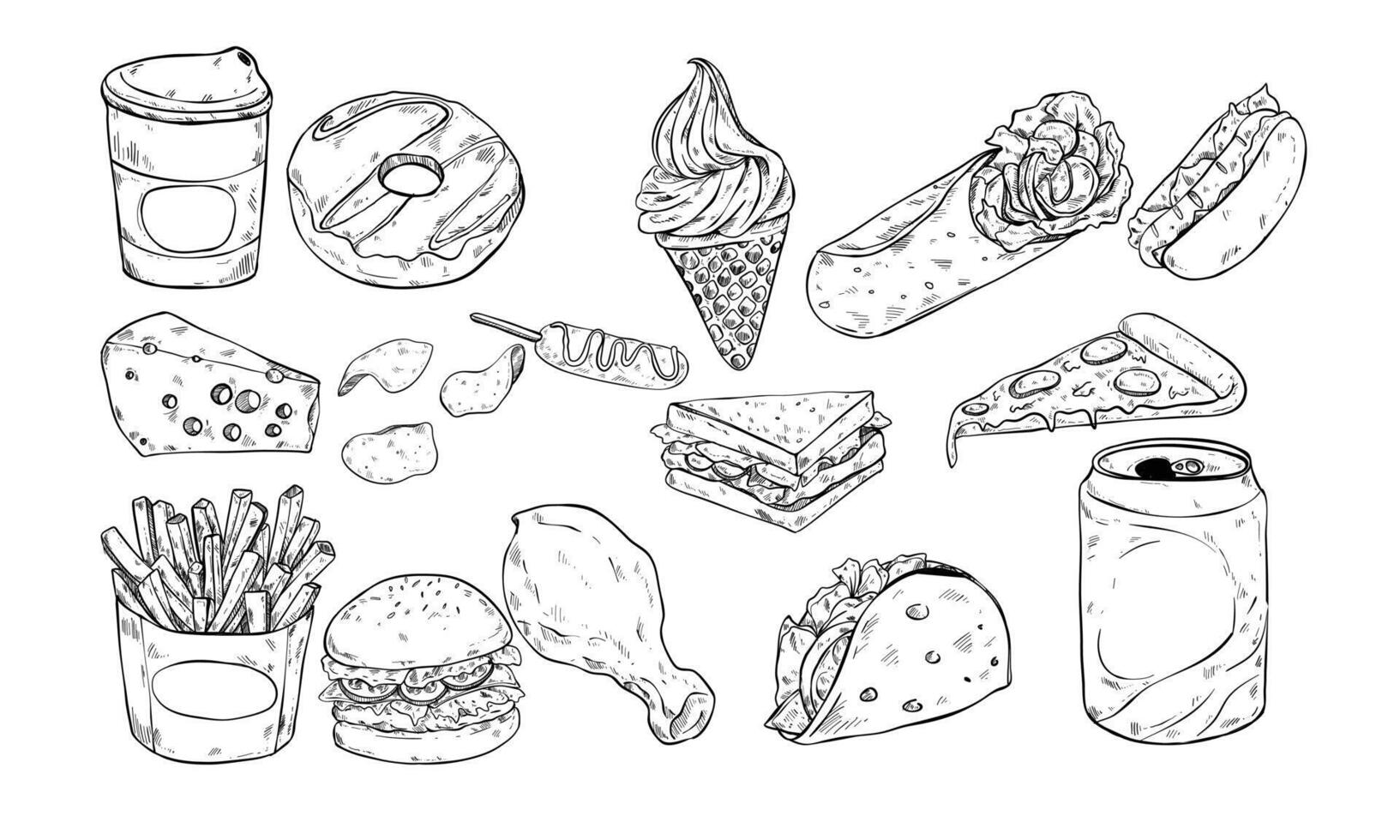 take away fast food handdrawn collection vector